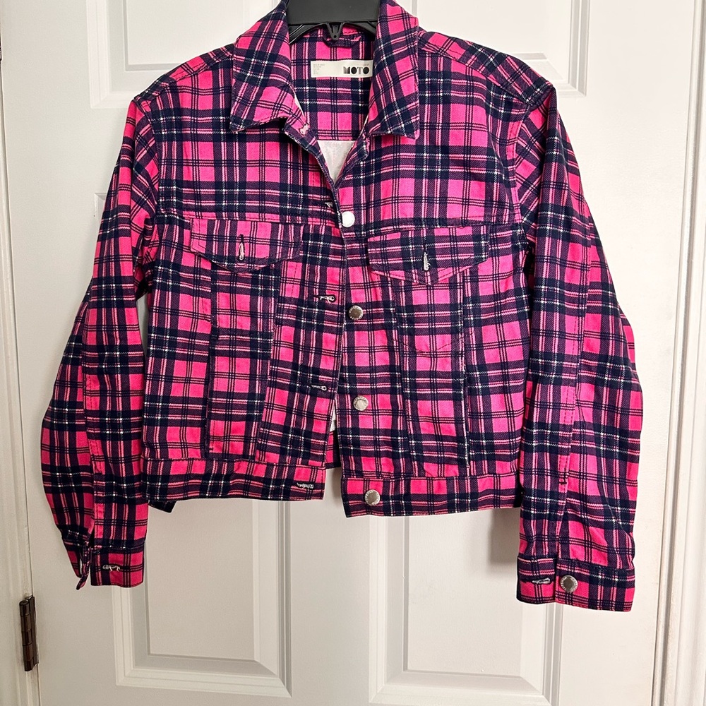Pink and Navy Plaid Denim Jacket